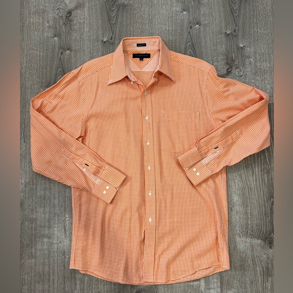 Tommy Hilfiger, Men’s button down dress short in orange and white